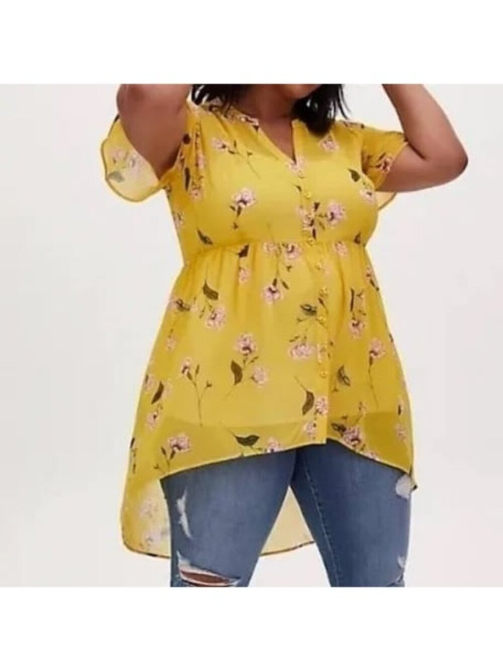 Torrid Floral Chiffon Hi Lo Babydoll Tunic Lexie Stretch Waist Yellow 3X 22
